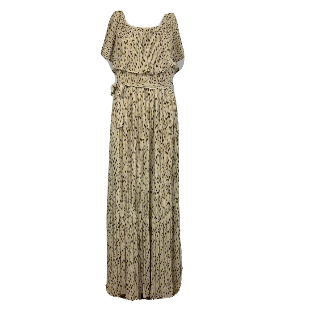 NWT She + Sky Dress Womens M Beige Black Dotted Off The Shoulder Maxi Belted